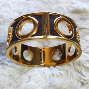 Wide Grommet Gold Toned with Brown Leather Bangle Cuff Bracelet